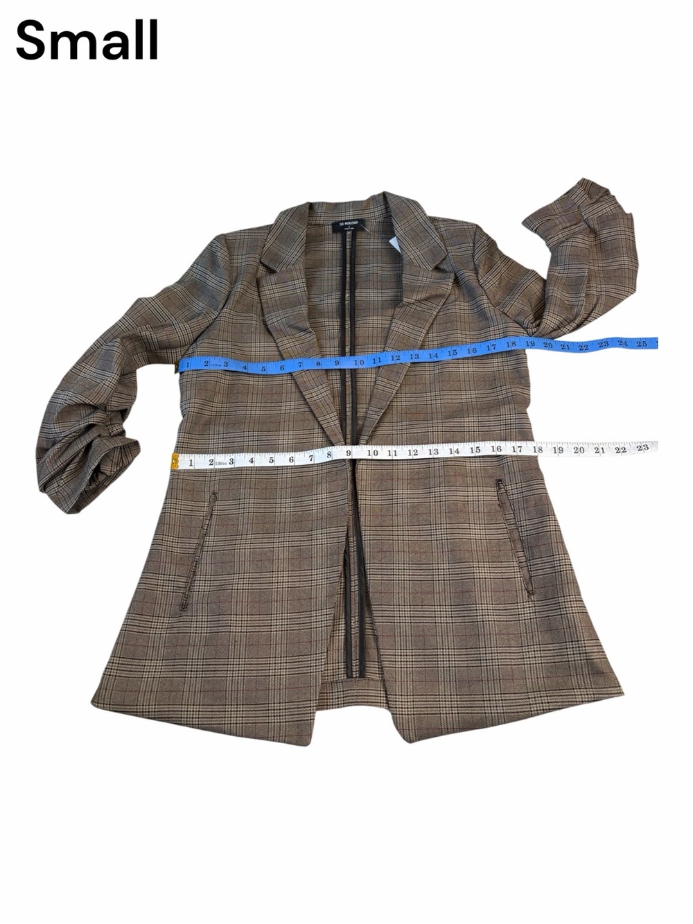 Studio Brown Plaid 3/4 Sleeve Ruched Blazer Sm Med Lg - Picture 10 of 16